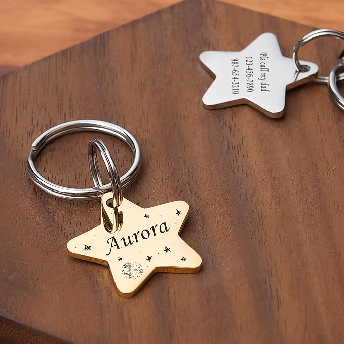 Anavia Small Size Dog Cat ID Tags, Small/XS Personalized Color Plated Stainless Steel Puppy Kitten Name Tags, Customized Engraved Nameplate Pet Collar Tag (Rose Gold, Star)