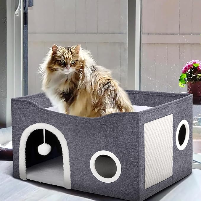 Heeyoo Cat House for Indoor Cats - Large Cat Bed Cave with Fluffy Ball and Scratch Pad, Foldable Cats Houses & Condos, Cat Hideaway, Covered Kitty Bed for Multi Small Large Kitty, 23.8x15.9x13.2 Inch