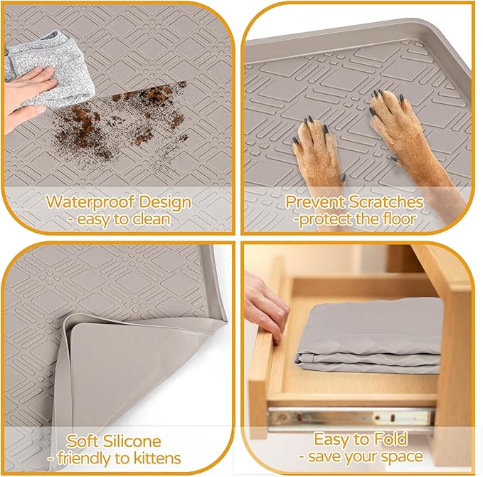Lanstics Dog Food Mat, 42" x29" Large Silicone Mat Dog Feeding Mat with Raised Edge Non-Slip Pet Feeding Mat for Food and Water Bowl, Easy to Clean, Floor Protection (Beige)