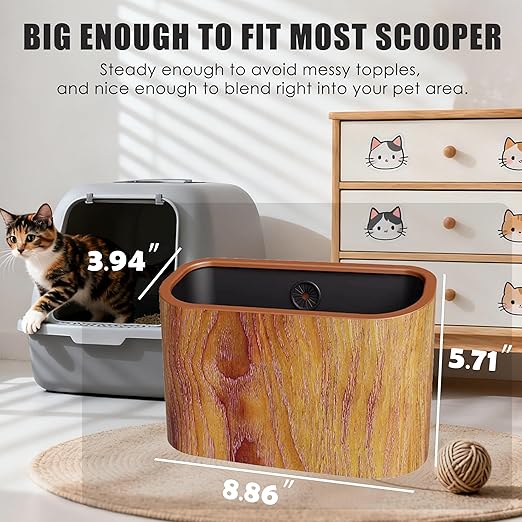Cat Litter Scoop Holder – Wood-Grain Dual-Open Scoop Caddy with Bag-Lock Hole, Wide-Mouth Double-Layer Inner Bucket, Mini Desktop Trash Bin for Pet Scoops & Accessories