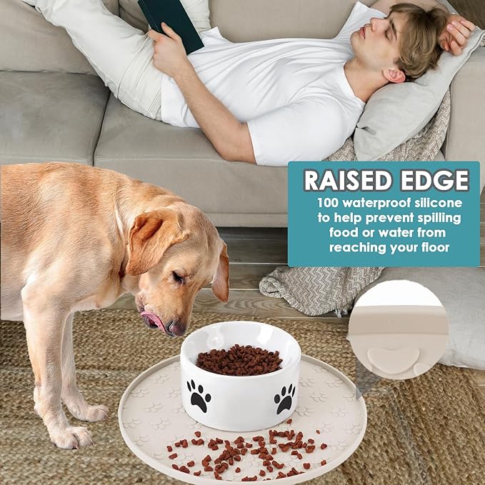 Dog Food Mat - Waterproof Silicone Dog Mat for Food and Water, Pet Food Mat with Edges for Protecting Floors (2Pack Beige)