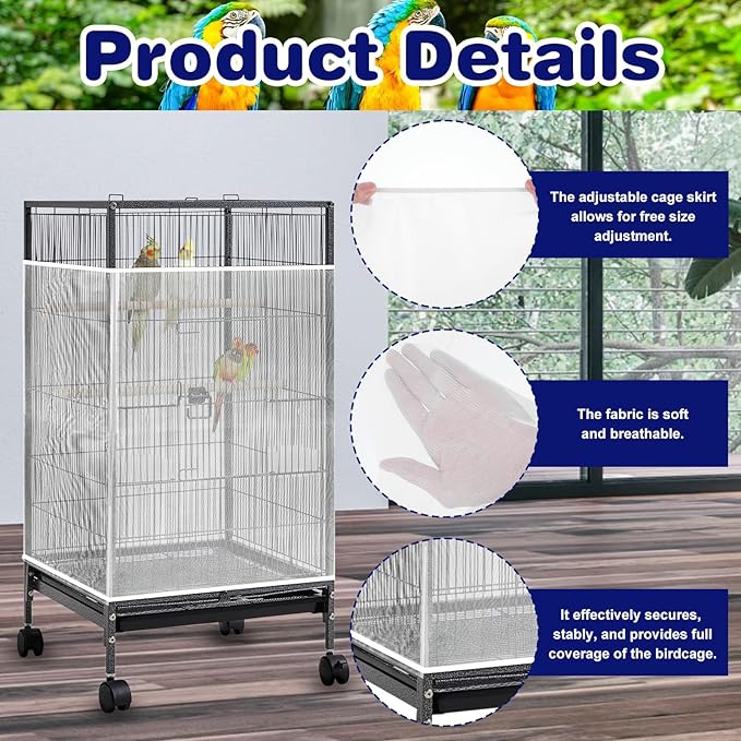 Universal Bird Cage Seed Catcher Net, White Adjustable Birdcage Mesh Cover, Stretchy Band Skirts Bird Cage Net for Parrot Cages Stops Scatter, Breathable & Reusable