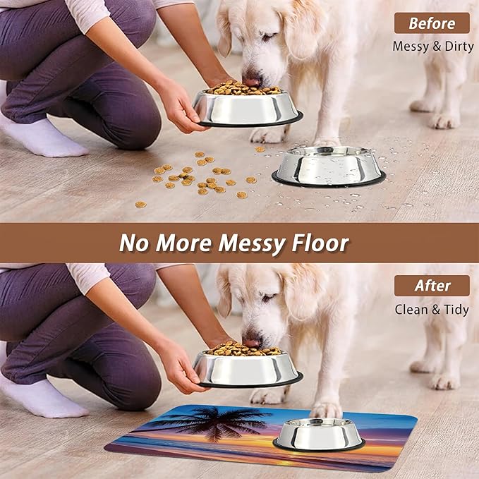 Tropical Palm Pet Feeding Mat,Sunset Trees Sea Beach Absorbent Quick-Dry Cat Dog Food and Water Bowl Mats, Non-Slip Rubber Backing Mat, Cat Dog Accessories Supplies 12"x20"