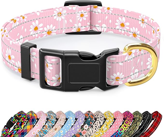 Reflective Dog Collar for Extra Small Dogs, Cute Daisy Theme Adjustable Heavy-Duty Nylon Puppy Collar for Boy and Girl Female, Soft Pet Accessories with Quick Release Buckle, Neck 8-12", Pink