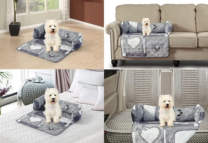 Brilliant Sunshine Quilted Calming Dog Bed Mat, Removable Washable Cover, Cushion Protector and Couch Covers for Dogs, Pets, Cats, Medium, Grey Heart Love Patchwork