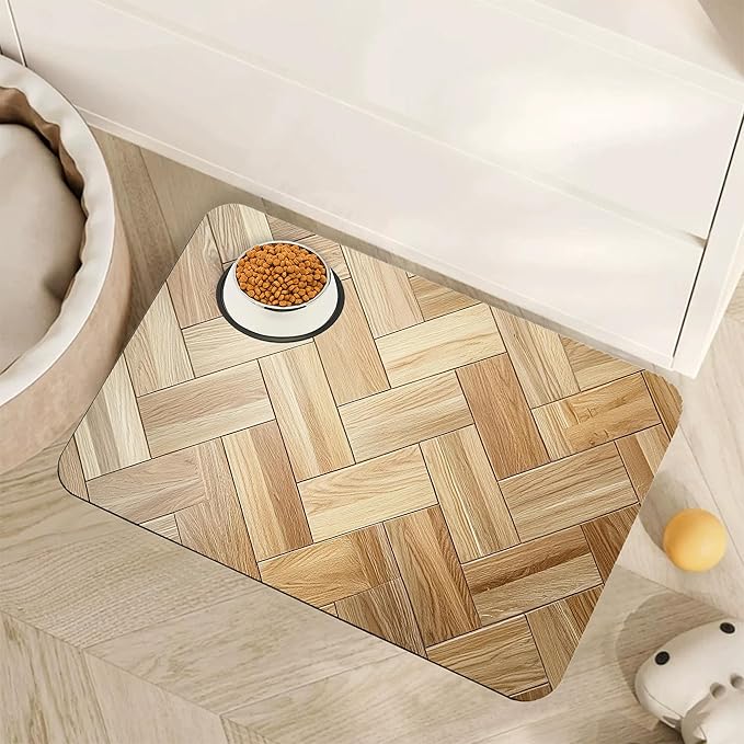 Vintage Wooden Dog Cat Food Mat,Boho Absorbent Pet Feeding Mat for Food and Water,Non-Slip Dog Bowl Mats Floor Protector 16"x24"
