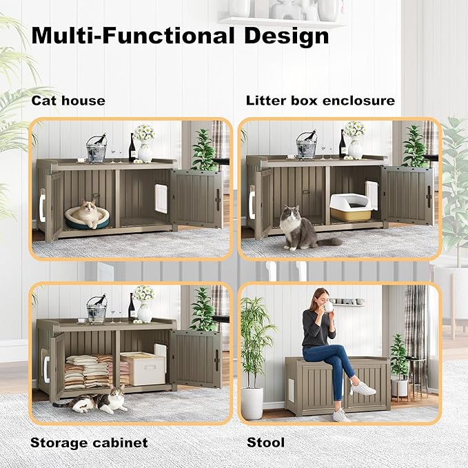 Cat Litter Box Enclosure Resin Hidden Cat Litter Box Furniture Multi-Functional Double Door Spacious Odorless Waterproof UV-Resistant Indoor Outdoor Use Grey