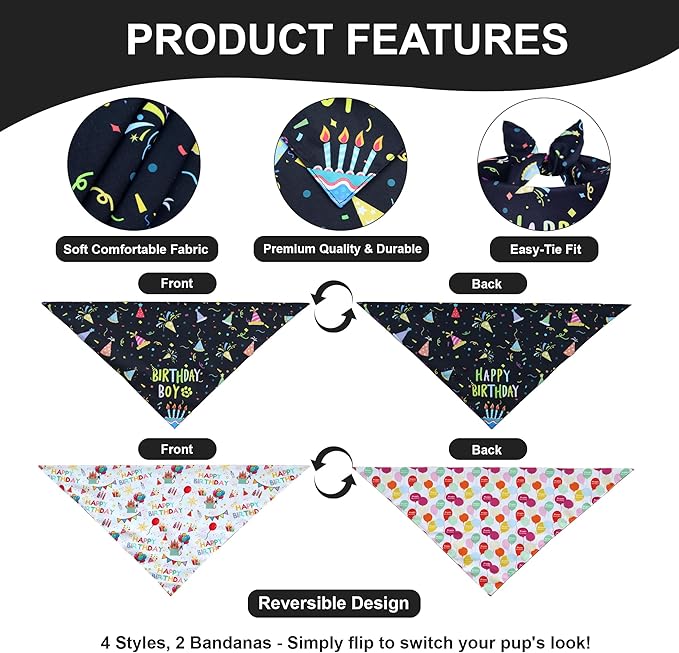 Dog Birthday Bandanas, 2-Pack Reversible 4 Patterns for Large X-Large Dogs - Black Boy & White Girl Birthday Scarf, Party Outfit Gift for Pups (18-23" Neck)