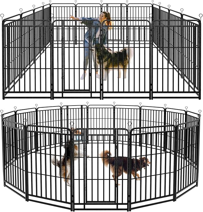 Heavy Duty Dog Playpen: 16 Steel Panels 47" Height, Square Steel Pipe with Reinforced Crossbars, 36FT 103 Sq.ft Portable Fence for Yard RV Camping, Snowy Black