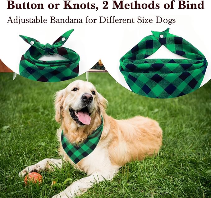 Christmas Plaid Dog Bandana with Button, Fall Dual Layer Scarf Soft Cotton Triangle Bib Girls and Boys Kerchief Adjustable Accessories for Small Medium Large Extra Large Dog Puppy Pet Cat
