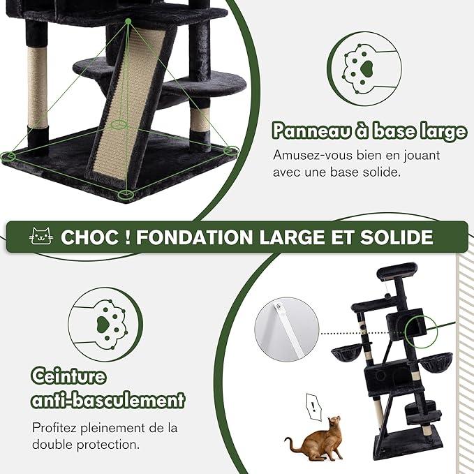 MUTICOR 66 Inches Multi-Level Large Cat Tree Tower for Indoor Big Feline/Cozy Plush Perches/Condo/Sisal Scratching Posts/Hammock and Baskets/Activity Center Play House/Wide Base/Dark Grey