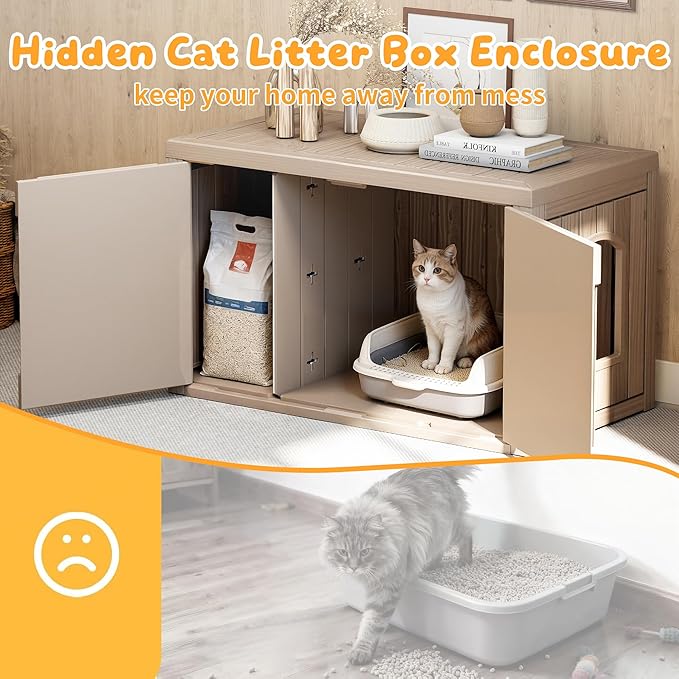 Cat Litter Box Enclosure,Multi-Functional Hidden Litter Box Furniture Cabinet with Adjustable Partition & Side End Table, Indoor Outdoor Cat House with Double Doors,Easy to Clean & Assemble, Gray