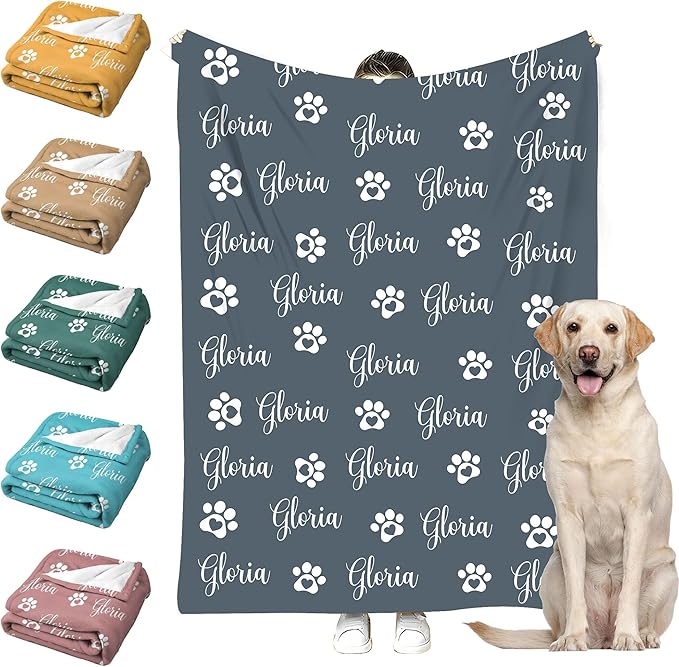 Personalized Paw Print Dog Blanket with Pet Name Face-Custom Puppy Blankets with Picture for Dogs-Customized Dog Memorial Throw Fleece Blanket-Loss of Pets Supplies Sympathy Gift for Bed Sofa Travel