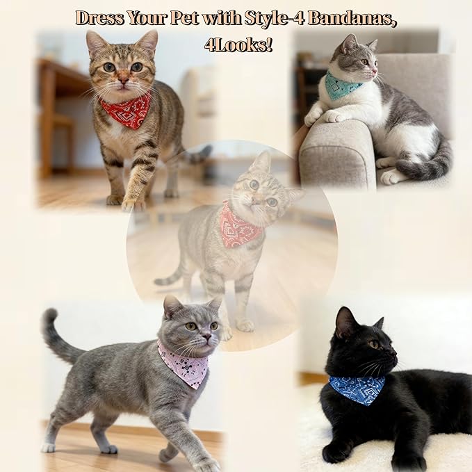 Cat and Puppy Bandana Collar Set, 4 Pack Adjustable Cotton Pet Neck Scarves with Buckle, Cute Patterns for Daily Wear & Holiday Photos
