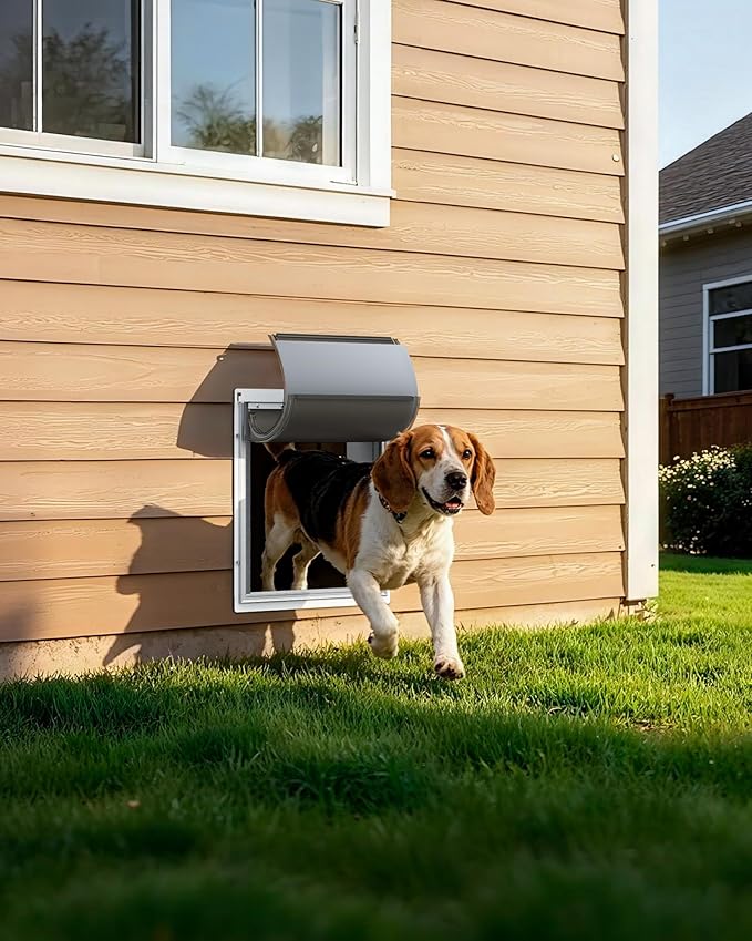 Pet Dog Door for Wall - Robust Steel Pet Door with Magnetic Triple Flaps, 12.6" x 10" Flap Opening, Adjustable Tunnel for 3.4"-6" Thick PVC, Wood, Drywall, for Pets Up to 45lb, White