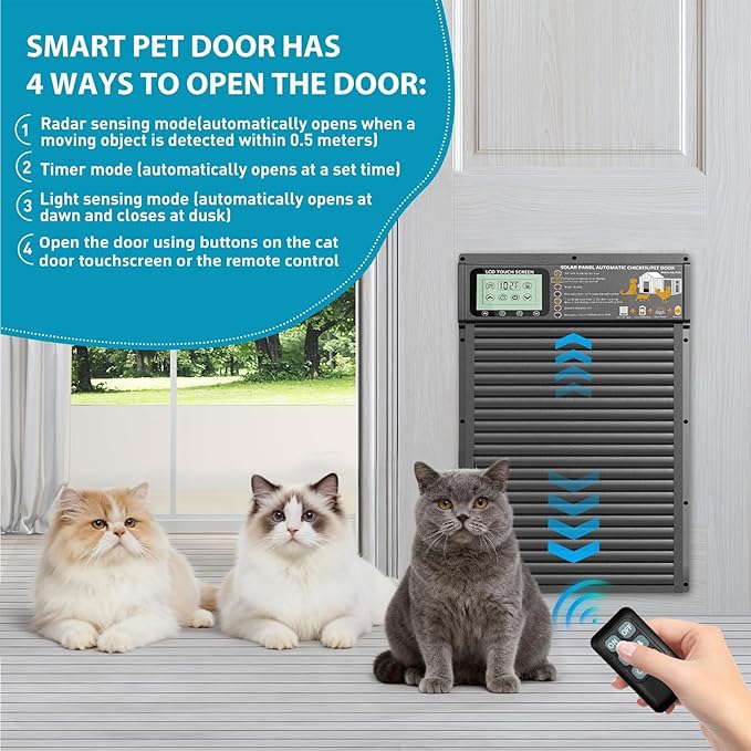 Cat Door, Cat Door Interior Door Radar, Timer & Light Sensor Modes, Solar & USB Pet Door, Durable Aluminum, Weatherproof, No Training, 10"×13", 24/7 Operation for Small Cats Up to 45 lb