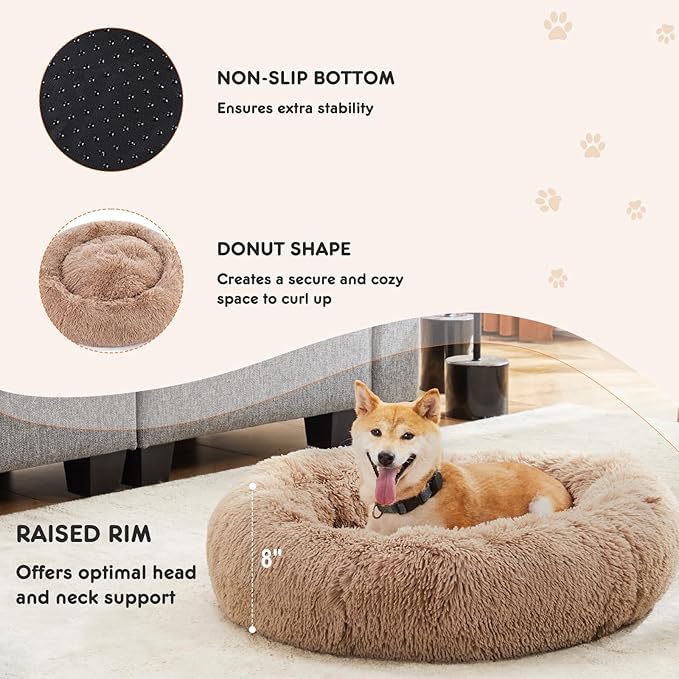 Sweetcrispy Donut Dog Bed, Large Round Calming Cat Bed with Washable Waterproof Cushion, Anti-Anxiety & Anti-Slip Fluffy Cuddle Cozy Faux Fur Plush for Pet Puppy Indoor Sleeping (30.7"x30.7", Brown)