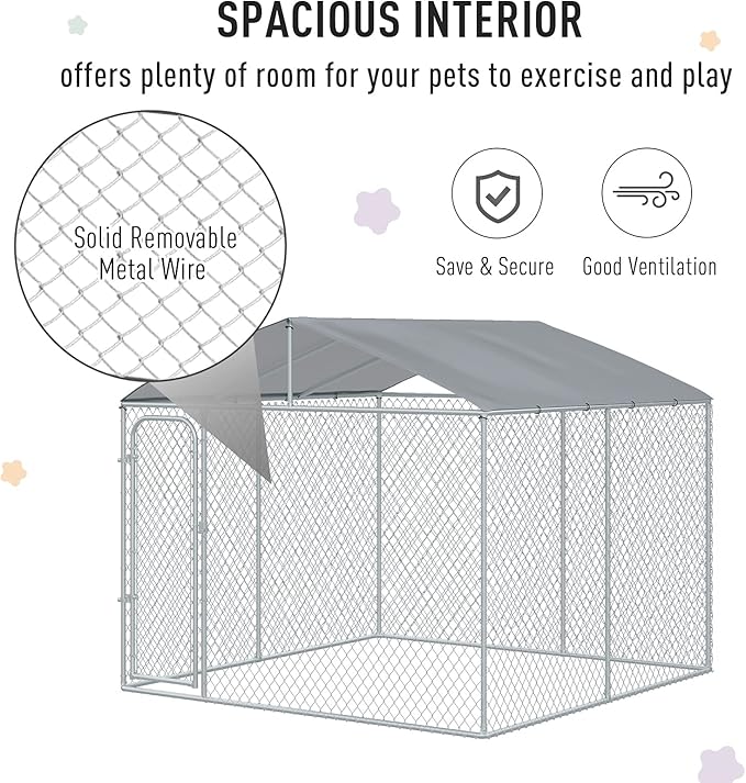 PawHut Outdoor Dog Kennel, Heavy Duty Dog Run Outdoor Fence with Waterproof Cover, Galvanized Chain Link, Secure Lock, 9.8' x 9.8' x 7.7'