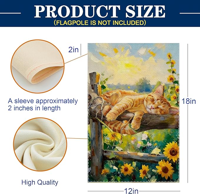 Spring Summer Garden Flag 12x18 inches Double Sided Sleeping Orange Tabby Cat Banner for Porch Yard Patio Spring Summer Home Decorations