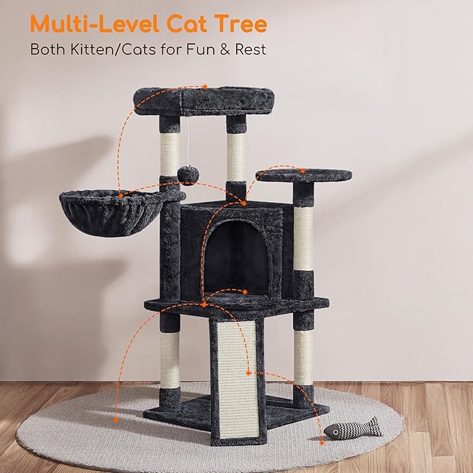Yaheetech Cat Tree, 42in Cat Tower for Indoor Kittens, Pet Play House with Large Perch & Scratching Posts & Cozy Condo & Scratching Ramp, Kitten Furniture Activity Center, Black