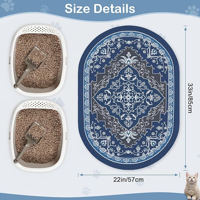 Bienbee Cat Litter Mat, 33" x 22" Large Size Litter Box Mat Rug with Non-Slip Bottom,Urine and Water Proof, Easy to Clean Cat Supplies Essentials for Indoor Kitty Kitten Floor,Navy Geometric L