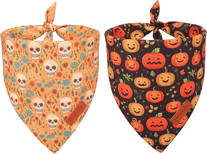 PTDECOR Halloween Dog Bandana, Skeleton Pumpkin Reversible Holiday Dog Scarf, Triangle Halloween Bandanas for Small Dogs Puppies Cats(Small)