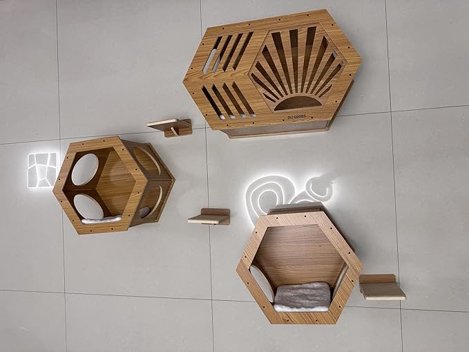Modern Hexagonal Cat Wall Shelf System, 6-Piece Wood Wall Mounted Cat Furniture with 2 Small Hexagons, 1 Large Hexagon and 3 Climbing Steps, Geometric Cat Shelves