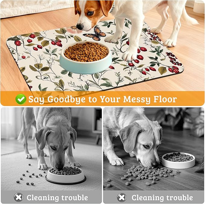 Butterfly Flower Dog Food Mat,Vintage Berry Absorbent Pet Feeding Mat for Food and Water Bowl,Quick Dry Dog Placemat Non Slip Rubber Backing Waterproof Pet Supplies 12" x 20"