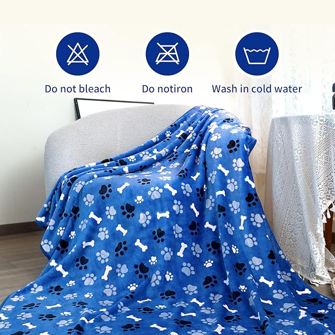 Dog Blanket Paw Bone Pattern 1 Pack 2 Super Soft Warm Flannel Sofa Cover Car Bed Protector, Urine Proof Washable Outdoor Pet Blanket for Puppy Large Dogs & Cats,40"*30" Blue