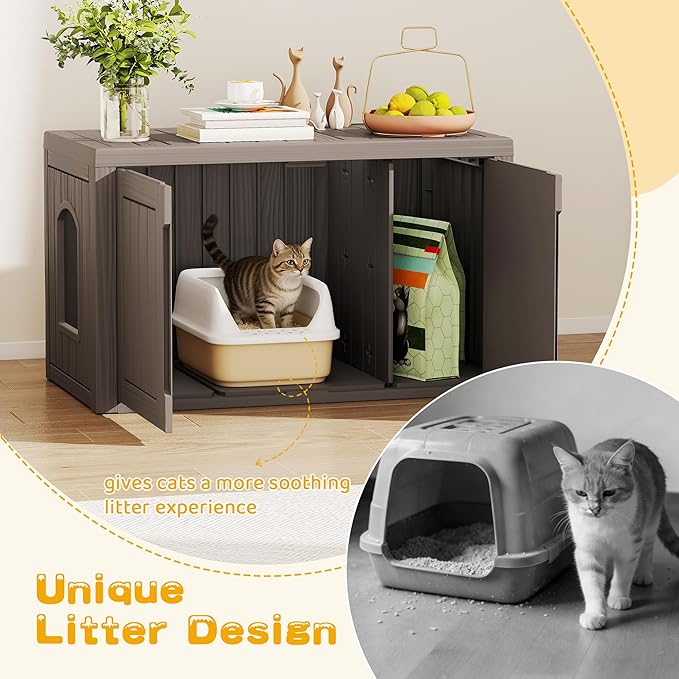 Cat Litter Box Enclosure, Multi-Functional Hidden Enclosed Litter Box Furniture with Adjustable Partition, Indoor Outdoor Cat House Weatherproof, Side Table, Easy to Clean & Assemble, Gray