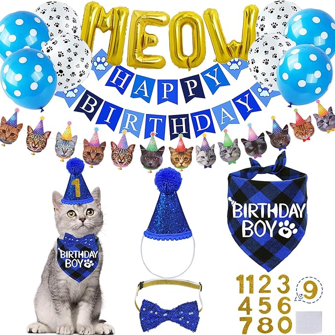STMK Cat Birthday Party Supplies, Cat Birthday Hat with Numbers Bandana Bow Tie Collar Banner Garland MEOW Letter Balloons for Cats Kittens Outfits Decorations