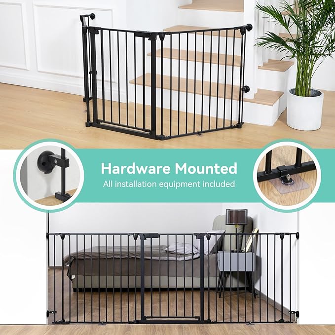 COMOMY 80" Extra Wide Baby Gate, Dog Gate for House Stairs Doorways Fireplace, Auto Close Pet Gate with Door Walk Through, 3 Metal Panels, Hardware Mounted Baby Fence Indoor Outdoor(30" Tall, Black)