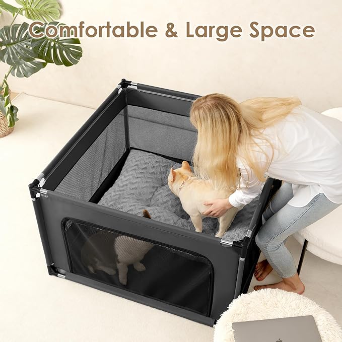 EHEYCIGA 42x42x26 Inches Puppy Playpen Without Top Cover for Dogs & Cats Indoor or Outdoor - Dog Playpen with Door, Dog Fence for Small Animal with Heavy-Duty Oxford & Steel Frame, Dark Grey