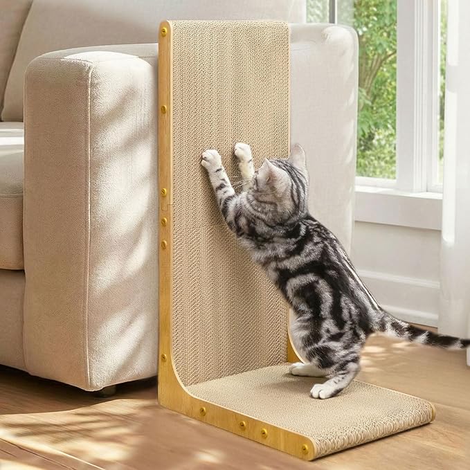 Cardboard Cat Scratcher,26 Inch L Shape Scratch Pad Wall Mounted,Vertical Scratching Board, Durable Cardboard to Protect Furniture for Indoor Cats,Wood Grain Junbo