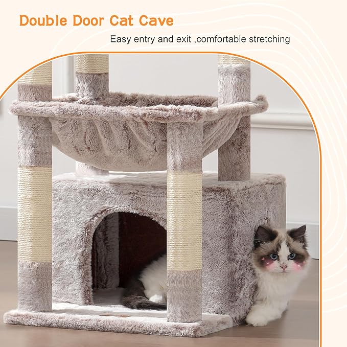 Heybly Cat Tree, Kitten Tower with Large Soft Cat Basket, Cat Condo with Spacious Cat Bed Cave with Hidden Space, Sisal-Covered Scratching Posts,Dangling Ball for Indoor Cats, Muchroom HCT008SMU
