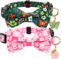 2 Pack Cotton Cat Collar with Bow Tie and Bell for Male Female Cats,Soft Fancy Breakaway Kitty Kitten Collar with Ghost& Pumpkin Patterned Design for Boy Girl Cats. (Butterfly&Flower)