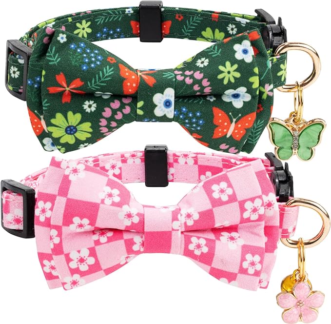 2 Pack Cotton Cat Collar with Bow Tie and Bell for Male Female Cats,Soft Fancy Breakaway Kitty Kitten Collar with Ghost& Pumpkin Patterned Design for Boy Girl Cats. (Butterfly&Flower)