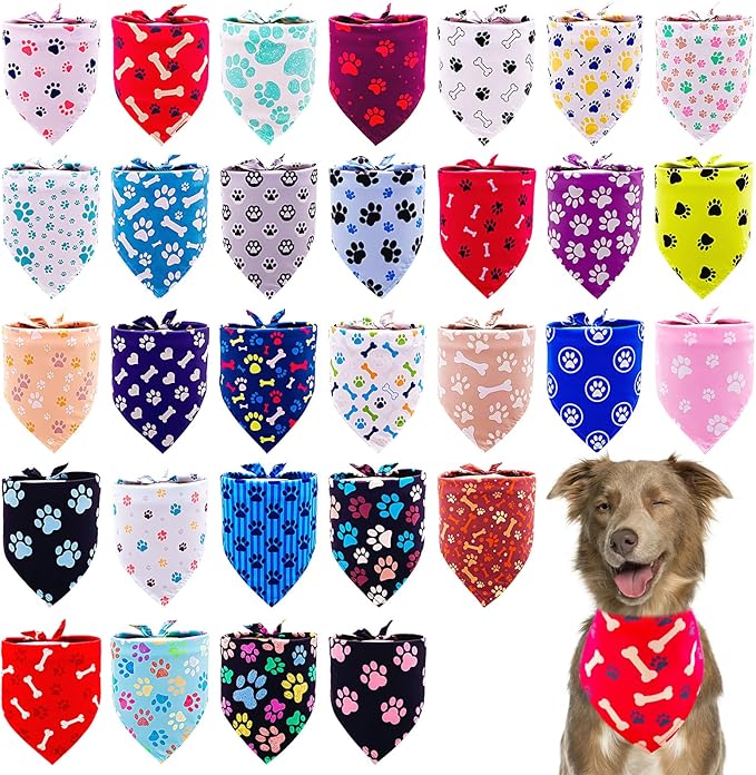 30 Pcs Paw Print Bandanas Bulk for Large Dogs 33 Inch XL Stitch Dog Bandanas Polyester Bandana Party Grooming L