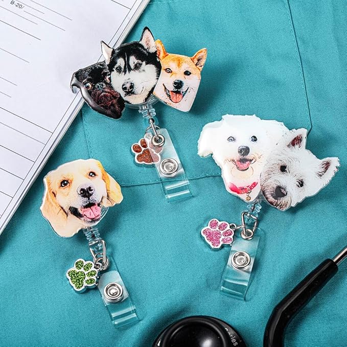 callie Personalized Pet Badge Reel - Custom Dog & Cat Photo, Cute ID Badge Holder Retractable with Alligator Clip & Paw Charm, Gifts for Dog Lover Nurse Vet Doctor（3 Pets）