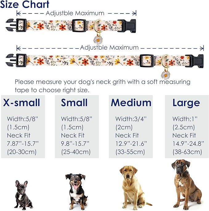 Cute Dog Collar Beige Flower Pattern for Boys and Girls Holiday Dog Collars Summer Fall Gift Adjustable for Medium to X-Large Breed Dogs (L)
