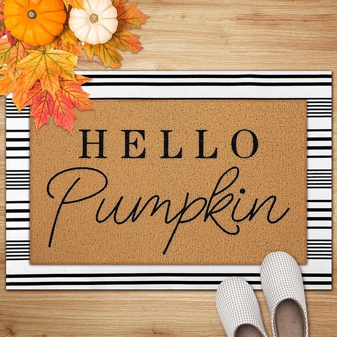Tinideya 2 Pcs Door Mat Welcome Non Slip Coir Mats Floor Layering Doormats Seasonal for Front Porch Entryway Decor(Hello Pumpkin)