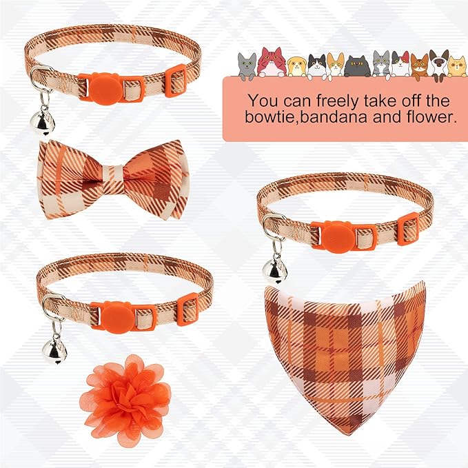 Breakaway Cat Collars with Bell & Cute Pendants - 3 Pack Adjustable Safety Kitten Collars - Decoration for Girl Boy Cats Puppy and Small Pets (Style C - Fall)