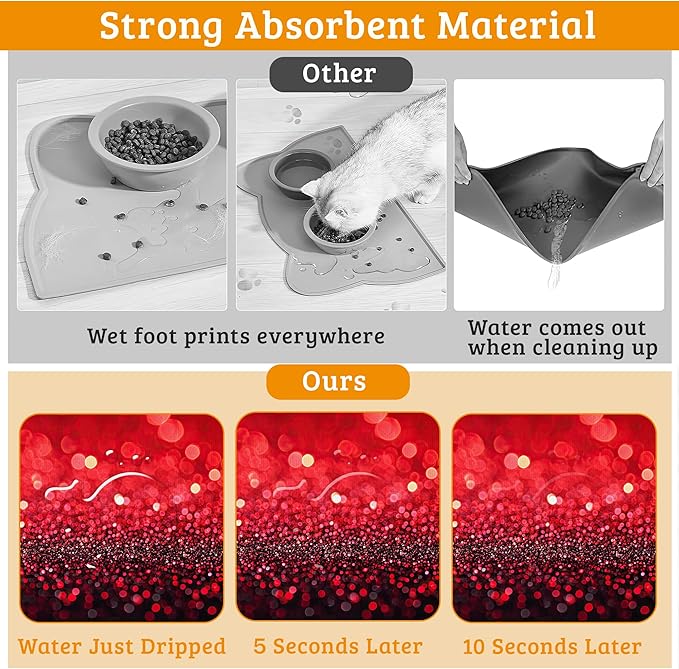 Red Gradienr Feeding Mat,Black Glitter Absorbent Quick-Dry Cat Dog Food and Water Bowl Mats,Non-Slip Rubber Backing Mat,Cat Dog Accessories Supplies 16" x 24"