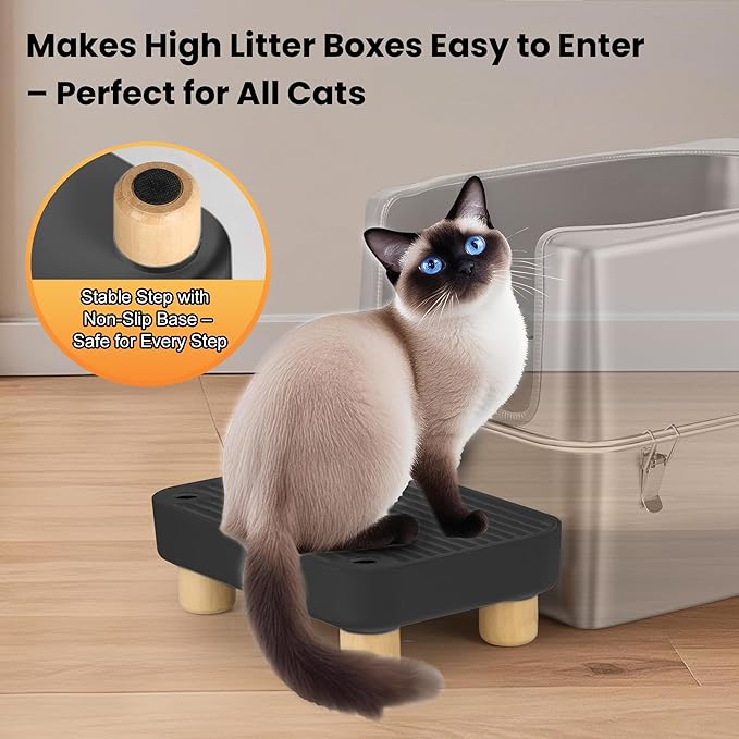 Litter Box Step, Litter Box Ramp/Catcher with Wooden Base, Anti-Tracking & Easy to Clean, Ideal for Small & Elderly Cats (Black)