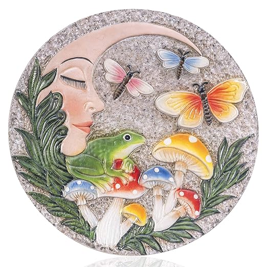 Garden Stepping Stones Outdoor, 9.8" Resin Frog Stepping Stone with Moon Butterfly Mushroom, Spring Decorative Round Walkway Gardening Gifts Home Decor for Outside Yard Pathway Patio Lawn