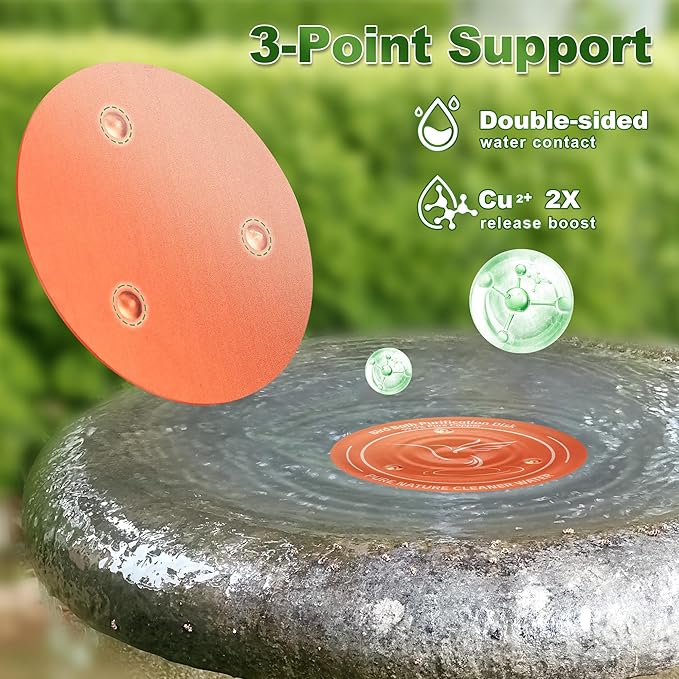 2 Pack Bird Bath Copper Disk, 99.99% Pure Copper Purification Disk - Physical Safe Clean Water All-Season, Bird-Safe for Outdoor Baths, Solar Fountains, Concrete Bowls (3-Point Support)