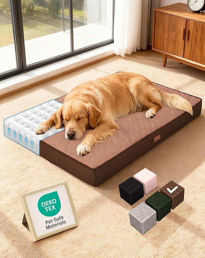 OhGeni Orthopedic Waterproof Dog Bed for Large Dogs, Machine-Washable Removable Cover in Easy-Clean Fabric, High Density Foam & Easy-Carry Handle, Suitable for Crate, 41 inch (Brown)