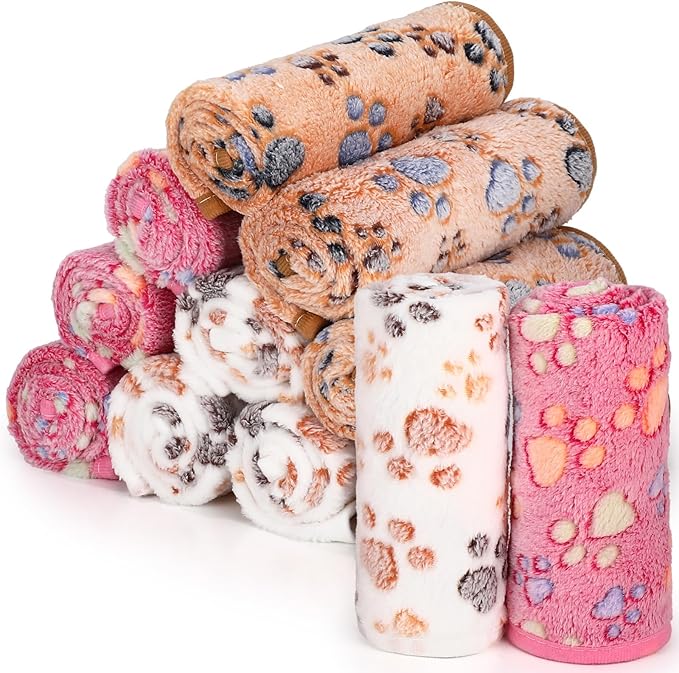 Tegeme 12 Pcs Pet Blankets Soft Fluffy Fleece Dog Cat Warm Paw Print Pattern Blankets Flannel Throw for Pets Dog Puppy Cat(30 x 20 Inch,Pink,Beige,Camel)