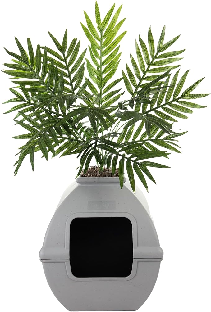 Good Pet Stuff Hidden Litter Box Planter, Decorative Cat Litter Enclosure with Carbon Filter, Artificial Plant, Easy Clean, Indoor Design, Courtyard Square Style, Base Kit, Stone Gray
