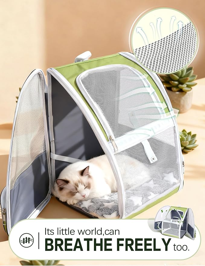 Green Cat Backpack Carrier with Washable Crate Bed Mat Breathable Cat Carrier Large Space for Medium Small Dog Puppy Kitty Bunny Ventilated Mesh Pet Backpack for Cats Travel Hiking Walking Outdoor Use